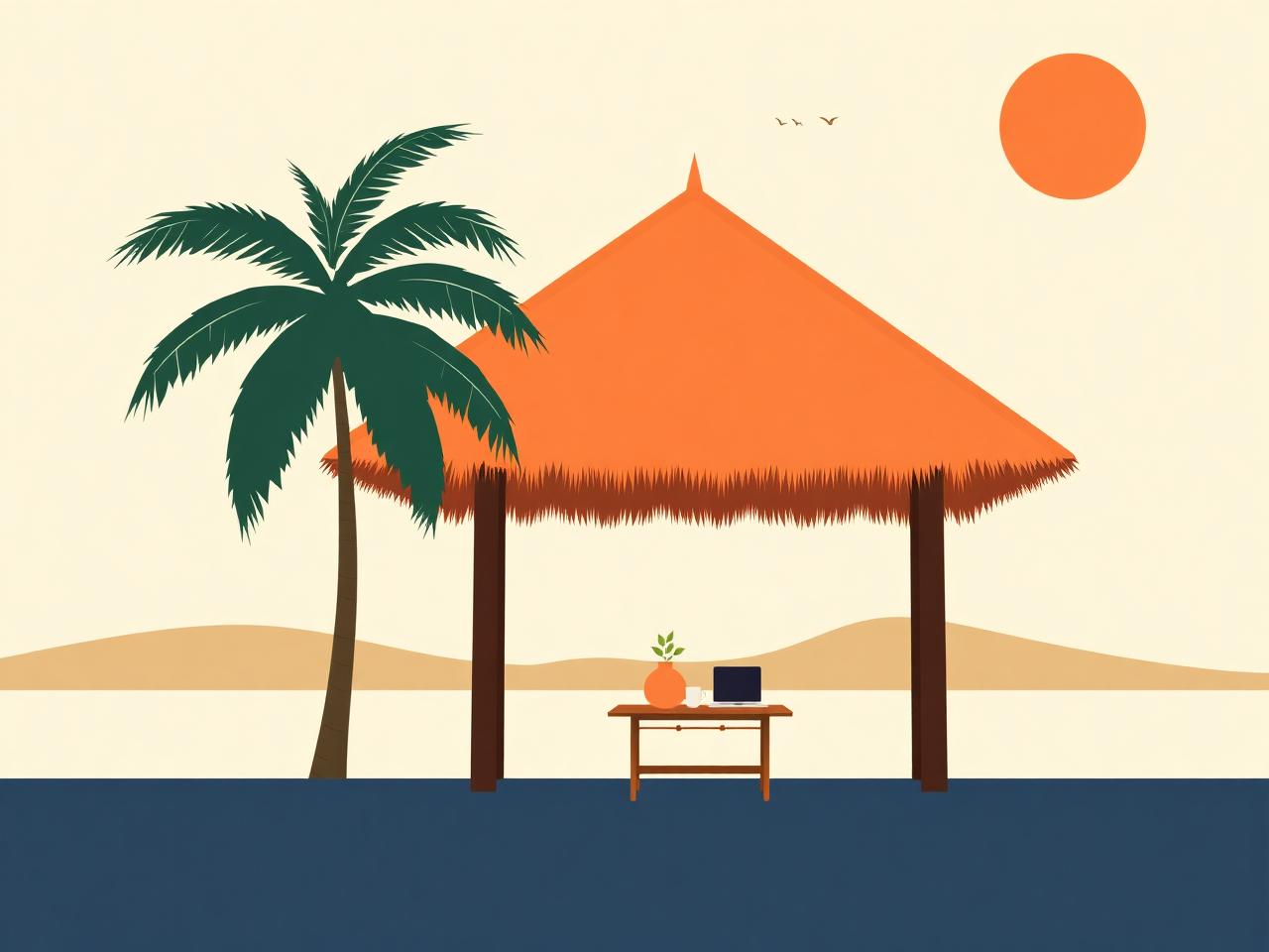 Flat illustration — a Balinese bale with palms, warm cream and terracotta